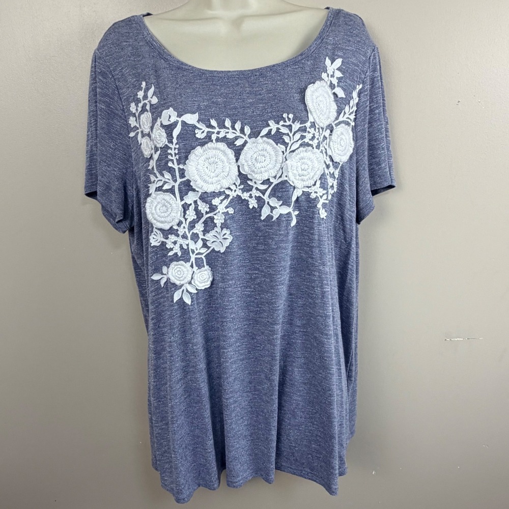 Westport Floral‎ Embroidered Top Women 1X Blue Short Sleeve Heathered Blouse